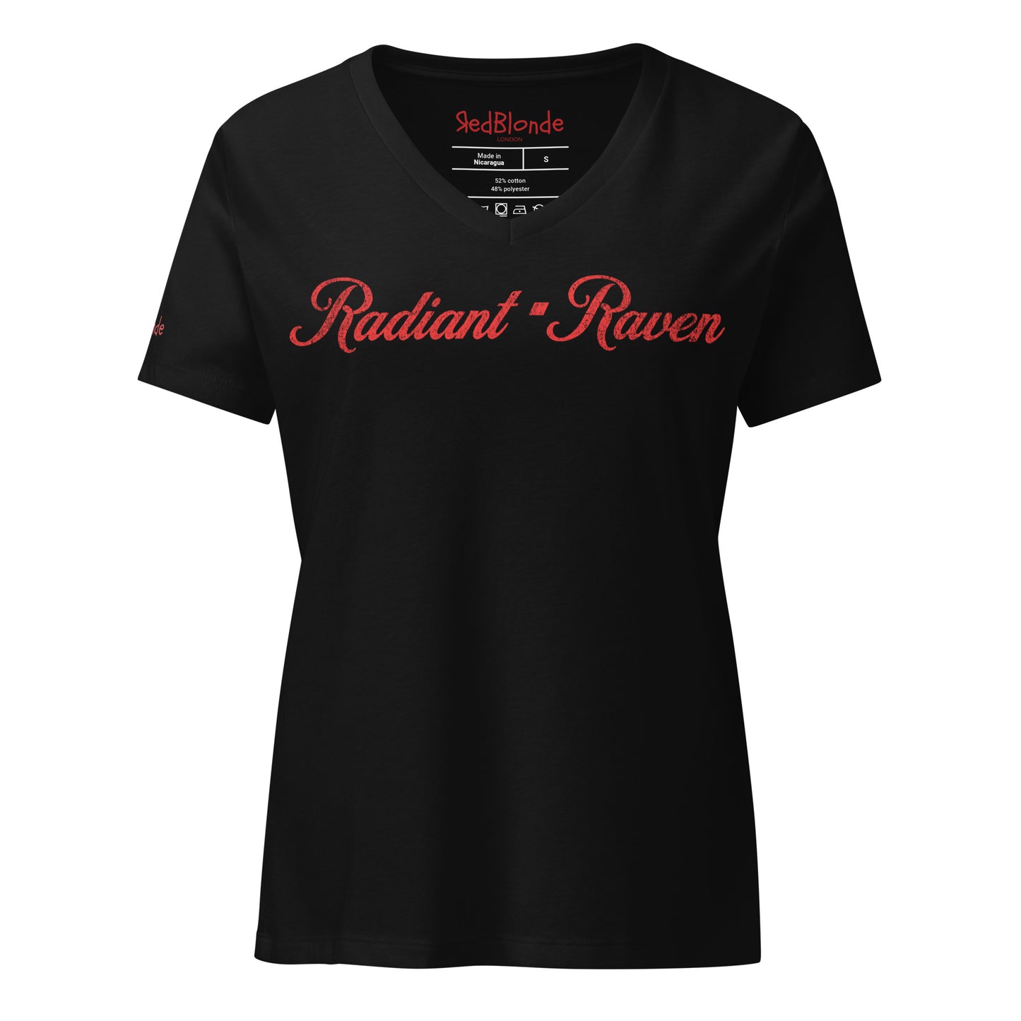 Black women's relaxed fit v-neck slogan t-shirt with 'Radiant Raven' in milkshake script red font. Branded RedBlonde in red on inside neck and right sleeve
