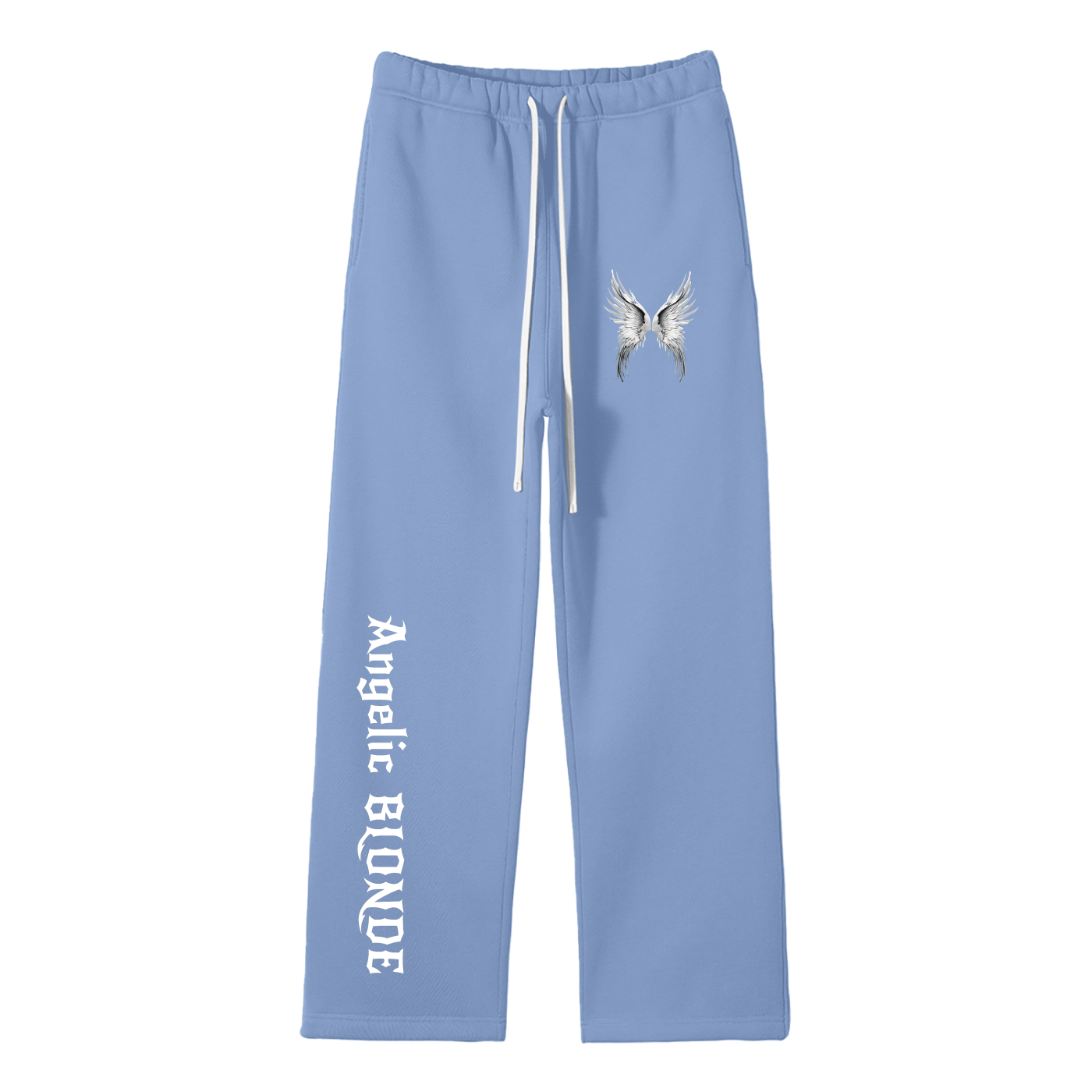 Blue wide-leg joggers with white drawstrings, featuring a small white angel-wing graphic on the upper left thigh and ‘Angelic Blonde’ printed vertically down the right leg in New Rocker gothic style lettering, shown flat against a white background.