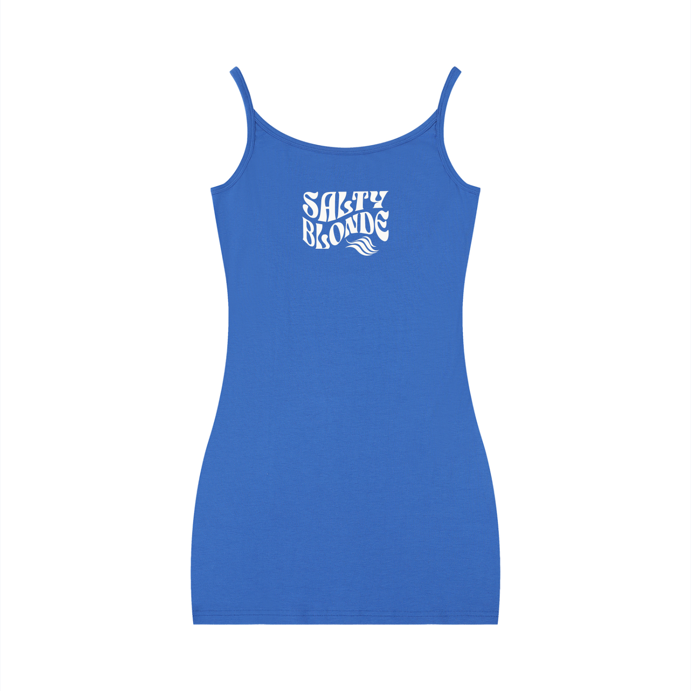  Blue bodycon mini dress with thin straps and a scoop neckline, featuring a white Salty Blonde graphic in Solino Display font on the chest.