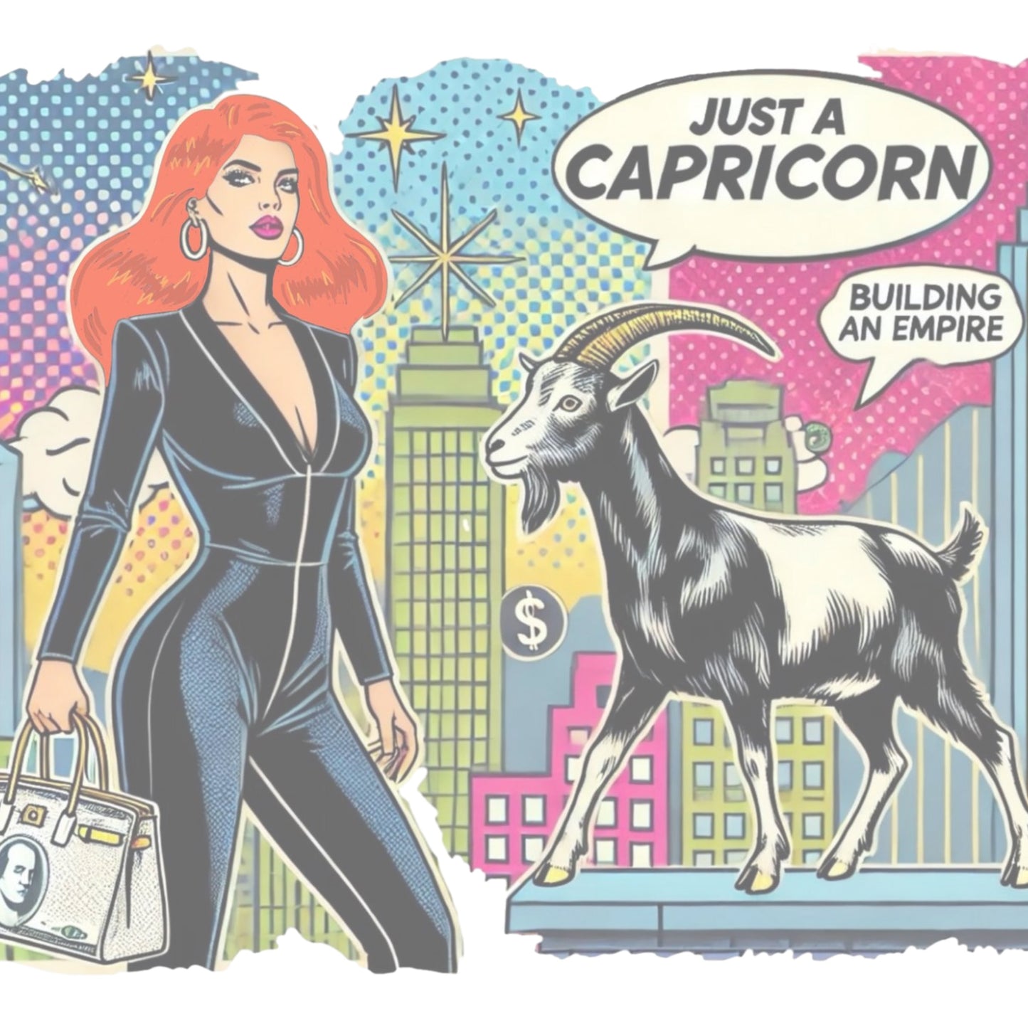 Retro pop-art Capricorn graphic featuring a red haired woman in a black catsuit, carrying a bag, with a goat  and a city skyscraper backdrop, captioned ‘Just a Capricorn, Building an empire'. Branded RedBlonde on inside neck and right sleeve