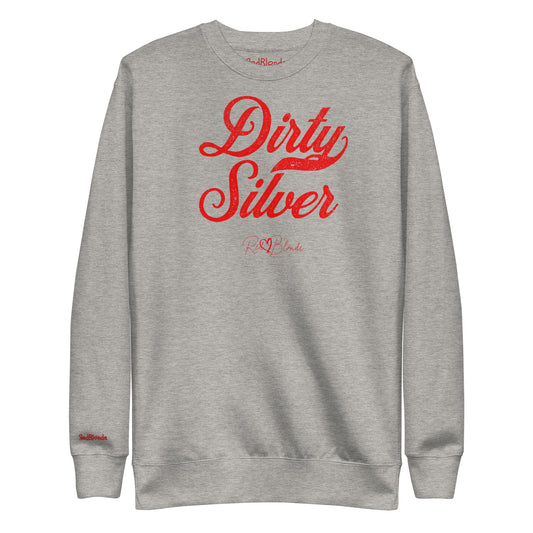 flatlay of carbon grey Classic relaxed fit premium unisex sweatshirt with the playful slogan ‘Dirty Silver’ in red milk-store font, signed off RedBlonde. Branded RedBlonde London in red on inside neck and right cuff