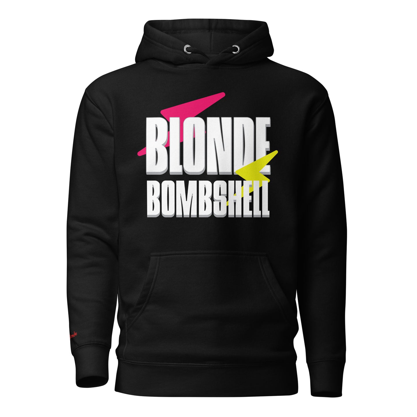 Flatlay of Classic fit unisex black hoodie with 80s ‘Blonde Bombshell’ graphic in white with pink & yellow lightning flashes emblazoned across the chest, inspired by David Bowie.Branded RedBlonde London on inside neck and right cuff