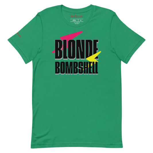 Flatlay of Classic fit unisex kelly green t-shirt with 80s ‘Blonde Bombshell’ graphic in caps with 'David Bowie' inspired pink & yellow lightning flashes. Branded RedBlonde london in red on inside neck and right sleeve 