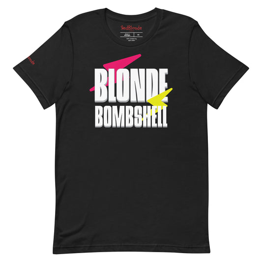 Flatlay of Classic fit unisex vintage black t-shirt with 80s ‘Blonde Bombshell’ graphic in caps with 'David Bowie' inspired pink & yellow lightning flashes. Branded RedBlonde london in red on inside neck and right sleeve 
