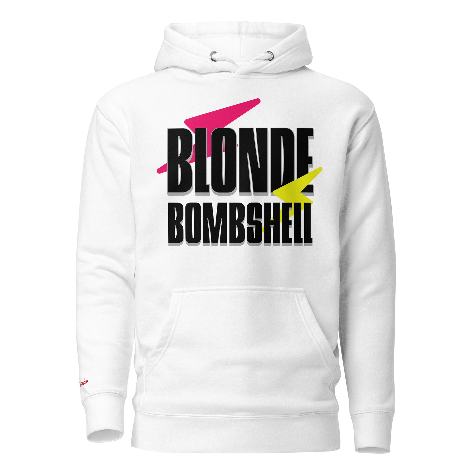 Flatlay of Classic fit unisex white hoodie with 80s ‘Blonde Bombshell’ graphic in black with pink & yellow lightning flashes emblazoned across the chest, inspired by David Bowie. Branded RedBlonde London on inside neck and right cuff