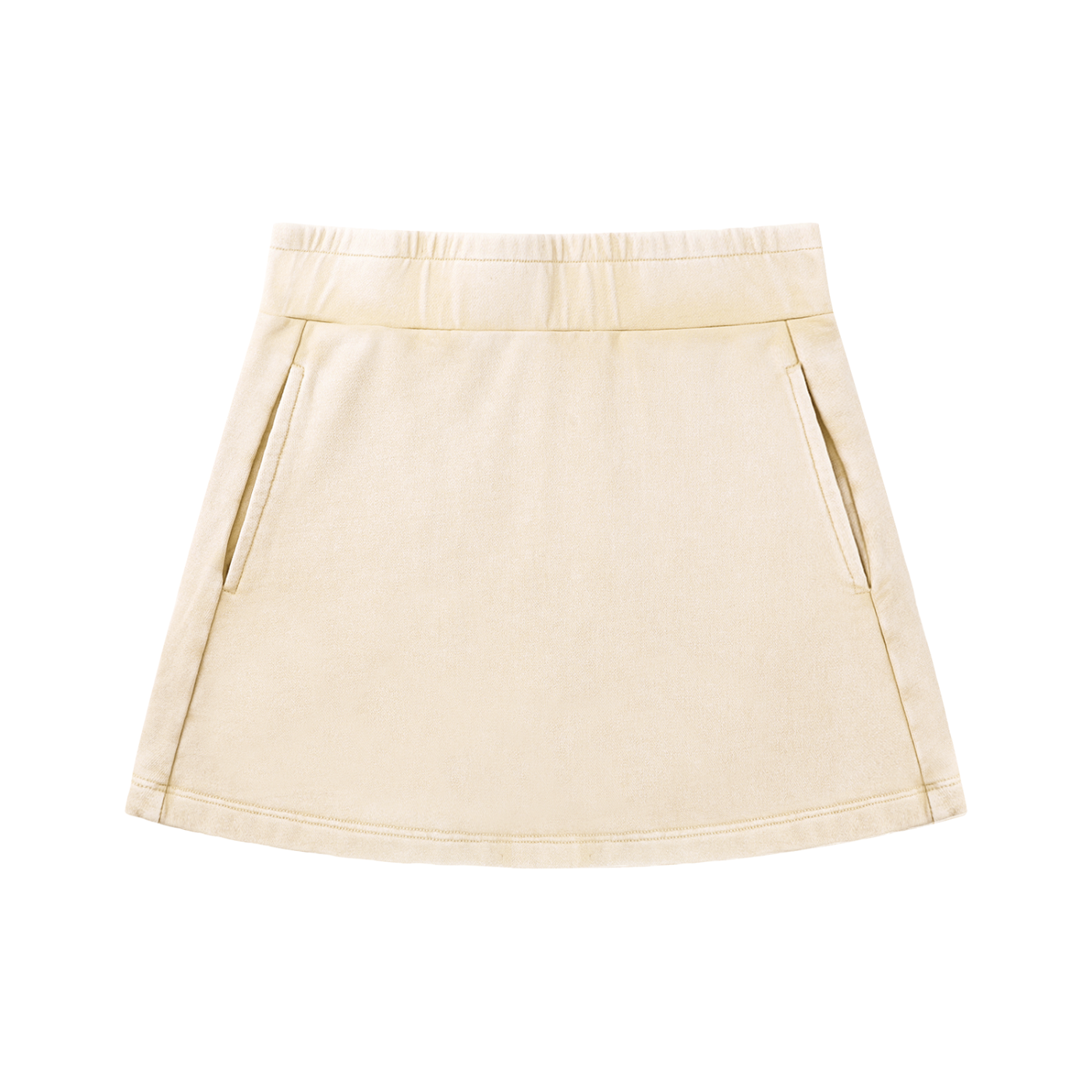 Front view of a cream mineral-wash mini skirt with a mid-rise elastic waistband, subtle A-line/H-line shape, and side slash pockets.
