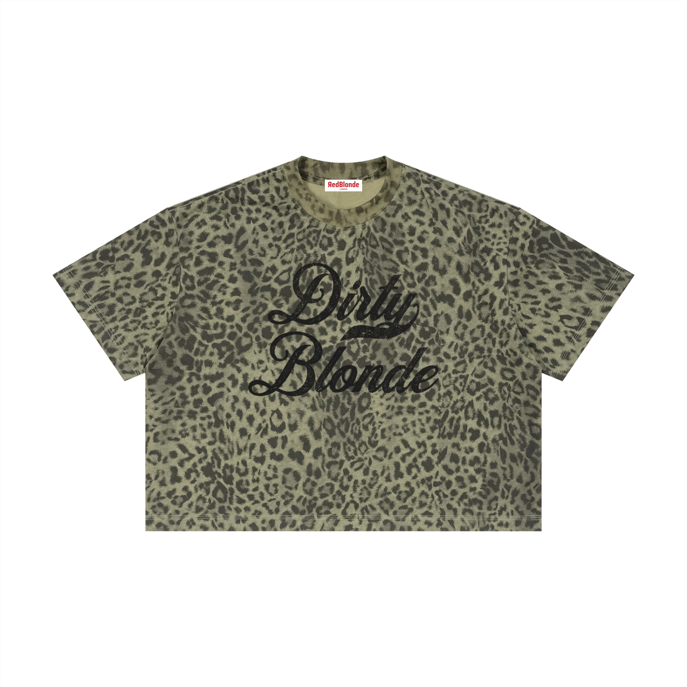 loose boxy T-shirt with an all-over animal print, contrasting ribbed crew neckline, and faded black Dirty Blonde Milkstore script graphic across the front.