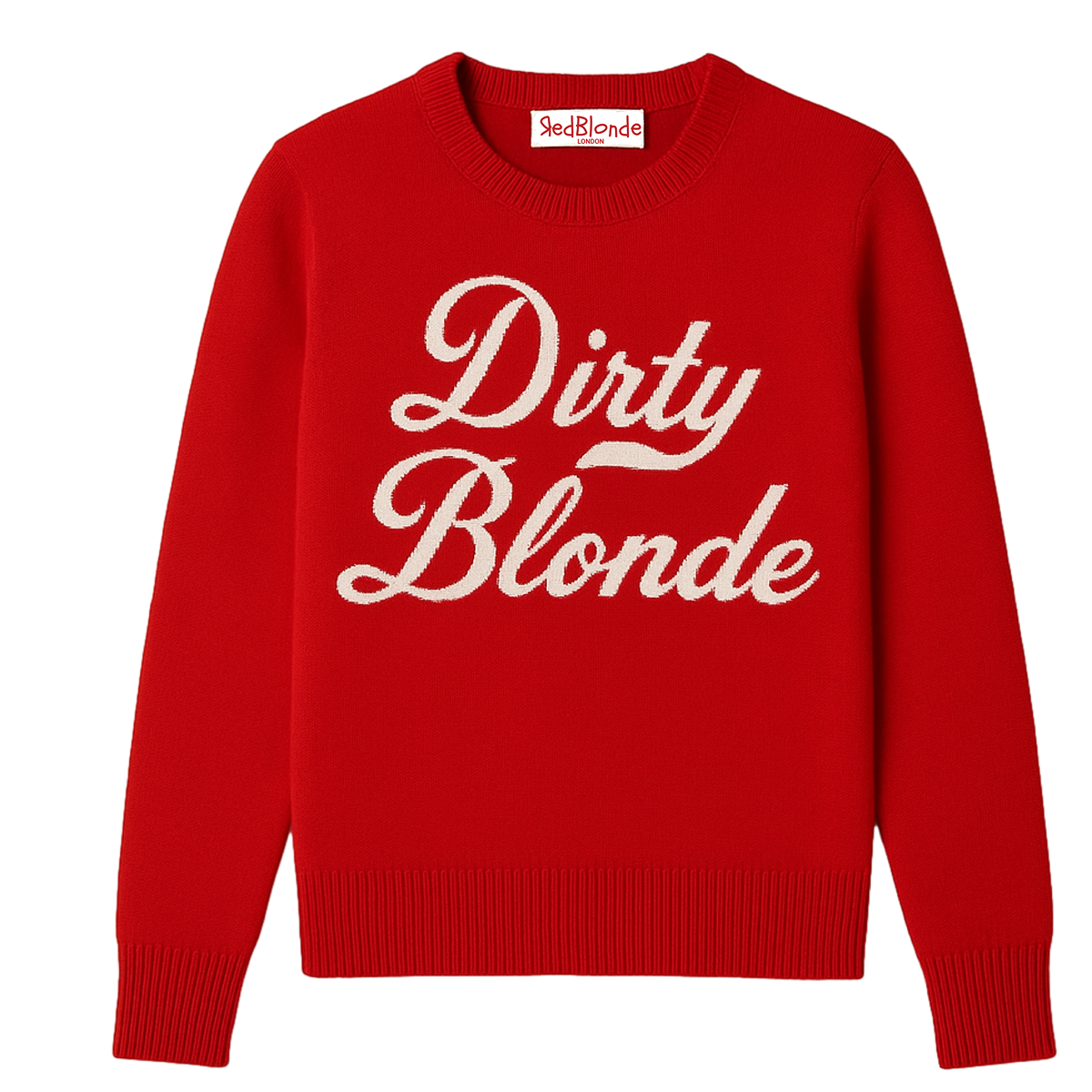 bright red cashmere jumper with ‘Dirty Blonde’ knitted across the chest in white milkstore retro font