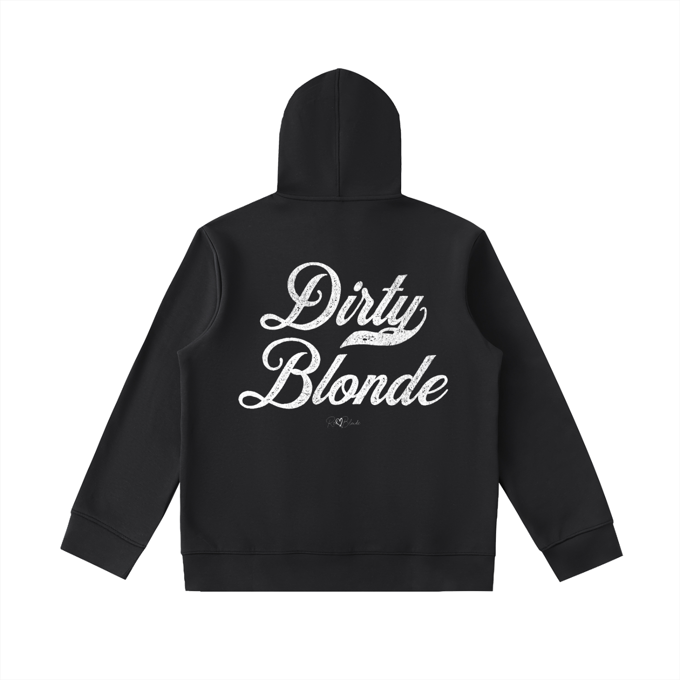 Back view of Black hoodie with bold white Milkstore vintage-style script text “Dirty Blonde” across the back and a subtle RedBlonde signature logo underneath.