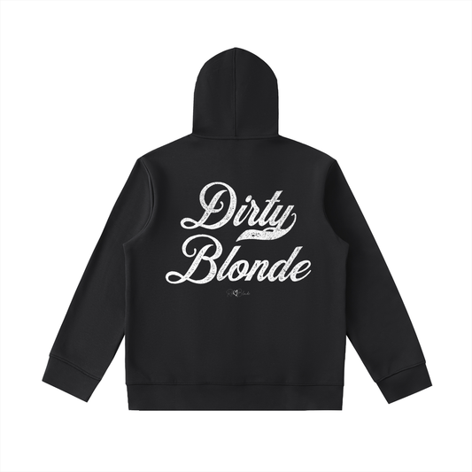 Back view of Black hoodie with bold white Milkstore vintage-style script text “Dirty Blonde” across the back and a subtle RedBlonde signature logo underneath.