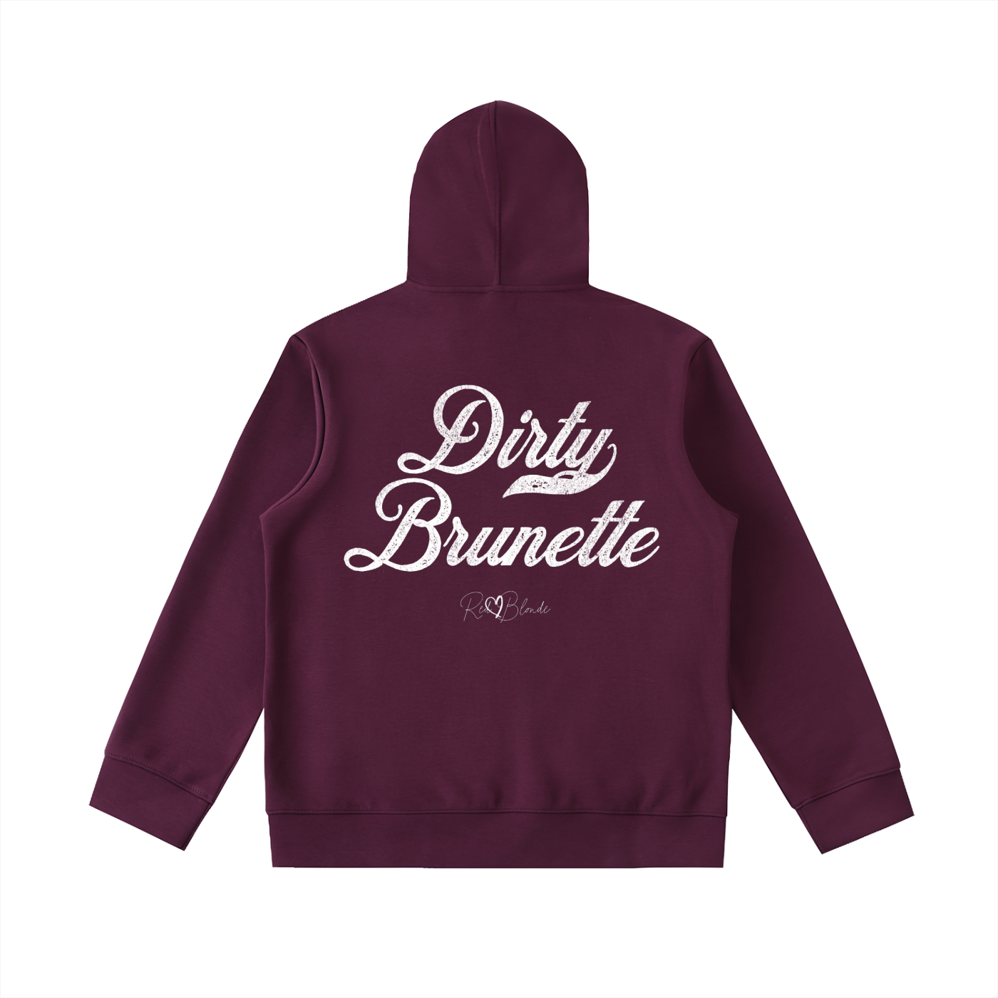 Back view of a plum coloured hoodie with bold white Milkstore vintage-style script text “Dirty Brunette” across the back and a subtle RedBlonde signature logo underneath.