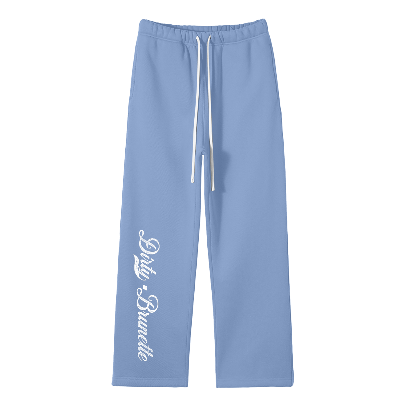 Medium blue relaxed-fit straight joggers with white drawstrings and vintage-style “Dirty Brunette” milkstore script printed vertically down the leg — bold, effortless and unmistakably RedBlonde.