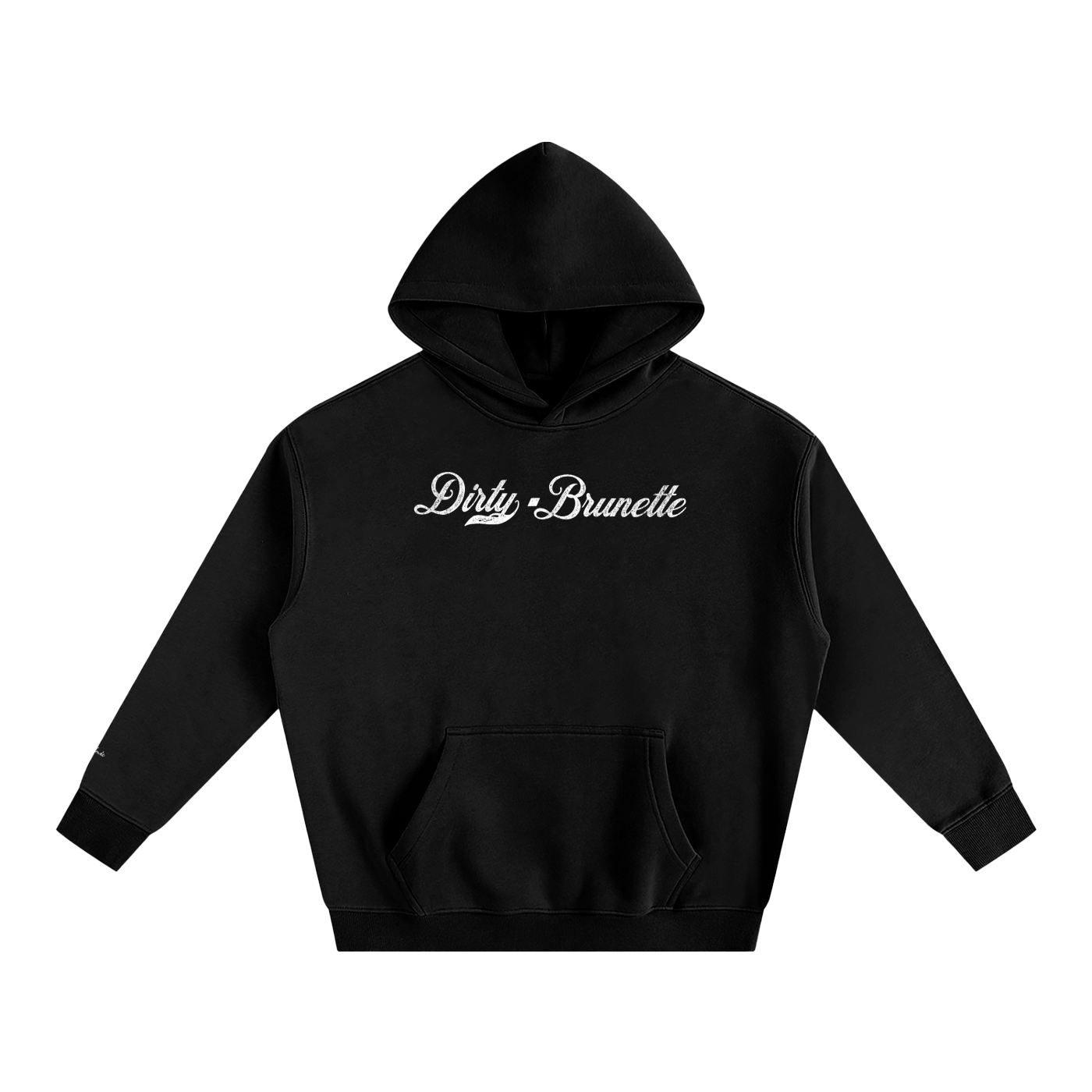 A black pullover hoodie laid flat on a white background. It has a kangaroo front pocket and ribbed cuffs and hem. Across the chest is white Milkstore 01 script text reading “Dirty Brunette.”