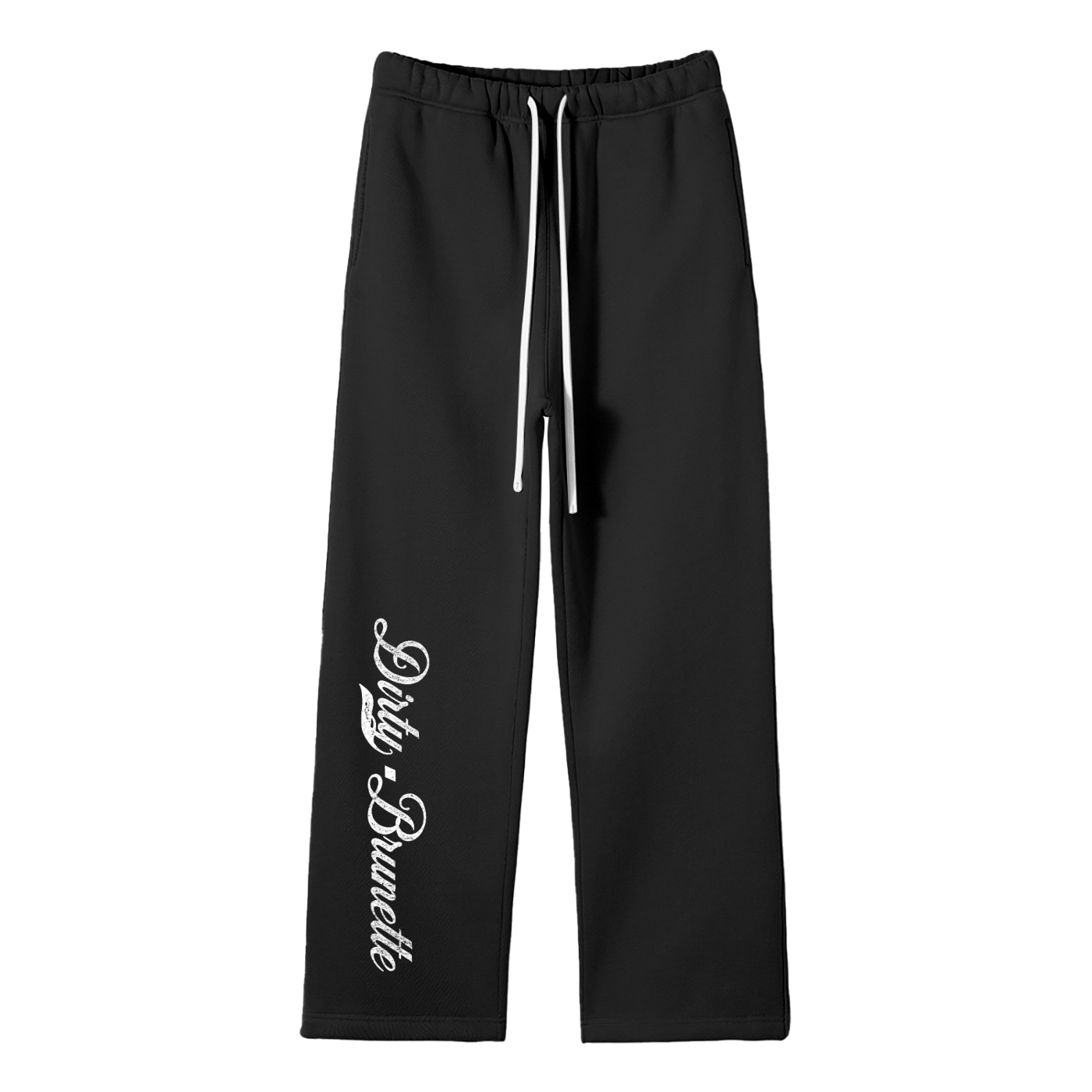 Black relaxed-fit straight joggers with white drawstrings and vintage-style “Dirty Brunette” milkstore script printed vertically down the leg — bold, effortless and unmistakably RedBlonde.