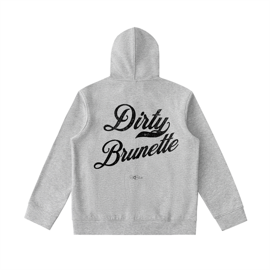 Back view of grey hoodie with bold black Milkstore vintage-style script text “Dirty Brunette” across the back and a subtle RedBlonde signature logo underneath.