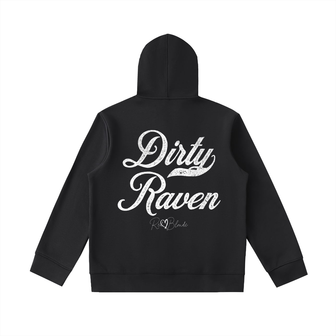 Back view of a black coloured hoodie with bold white Milkstore vintage-style script text “Dirty Raven” across the back and a subtle RedBlonde signature logo underneath.