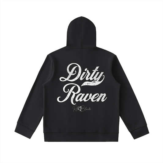 Back view of a black coloured hoodie with bold white Milkstore vintage-style script text “Dirty Raven” across the back and a subtle RedBlonde signature logo underneath.