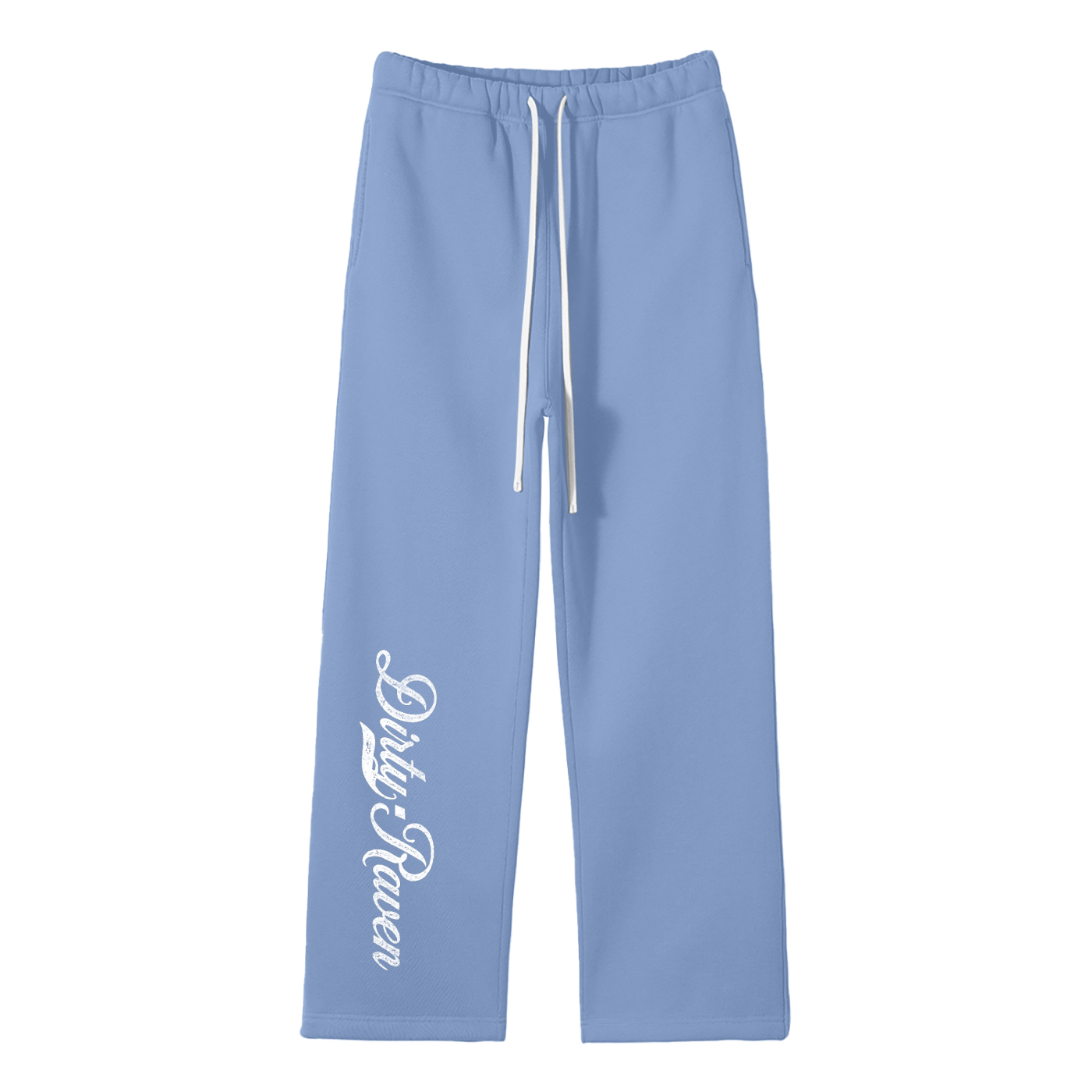 Medium Blue relaxed-fit straight joggers with white drawstrings and vintage-style “Dirty Raven” milkstore script printed vertically down the leg — bold, effortless and unmistakably RedBlonde.