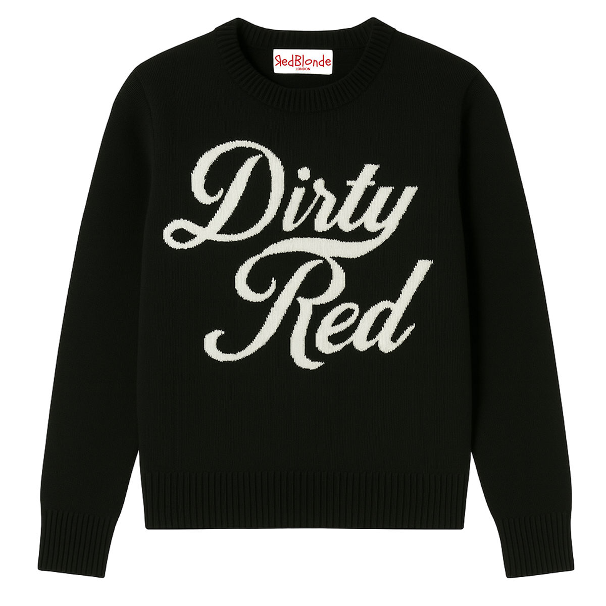 Black cashmere jumper with ‘Dirty Red’ knitted across the chest in white milkstore retro font
