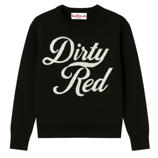 Black cashmere jumper with ‘Dirty Red’ knitted across the chest in white milkstore retro font
