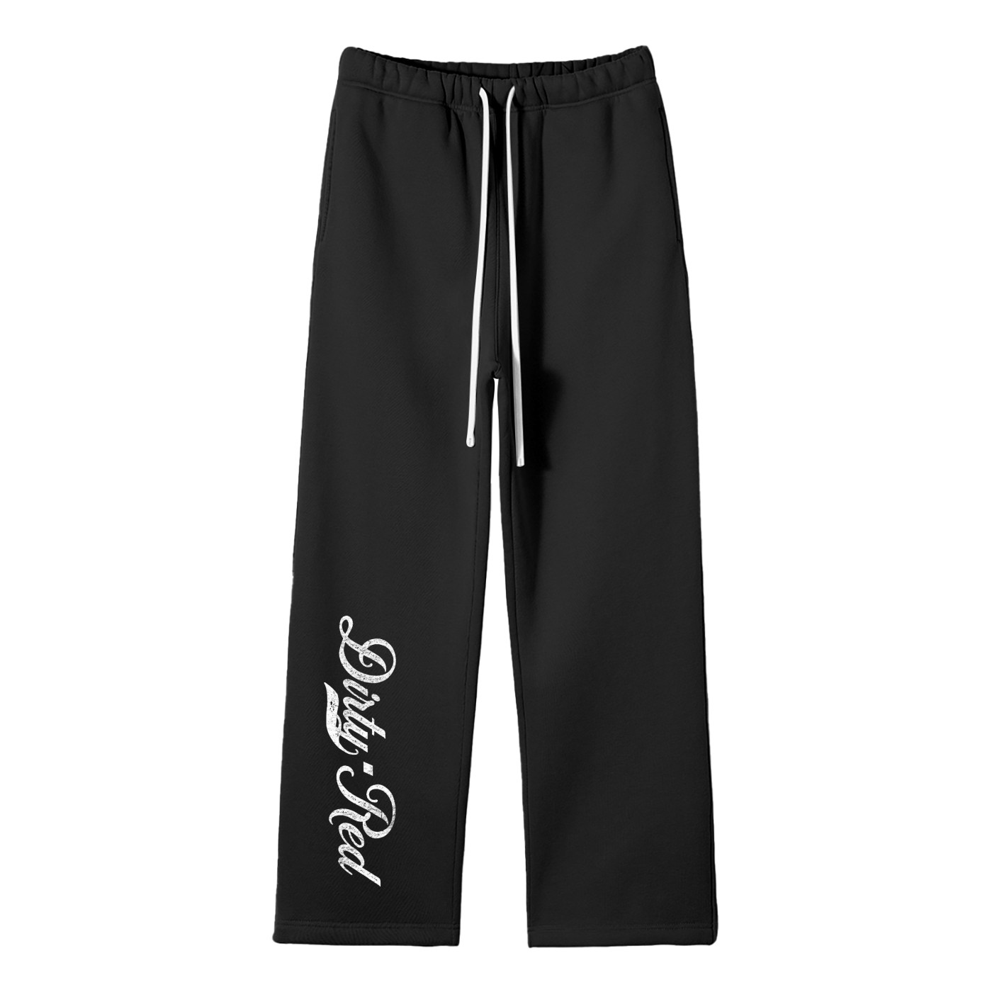 Black relaxed-fit straight joggers with white drawstrings and vintage-style “Dirty Red” milkstore script printed vertically down the leg — bold, effortless and unmistakably RedBlonde.