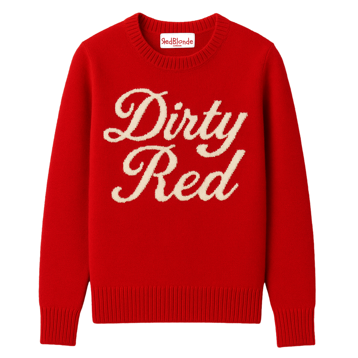 bright red cashmere jumper with ‘Dirty Red’ knitted across the chest in white milkstore retro font