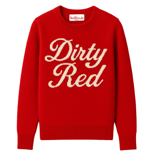 bright red cashmere jumper with ‘Dirty Red’ knitted across the chest in white milkstore retro font