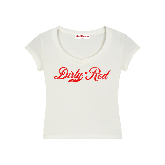 A fitted white V-neck T-shirt laid flat on a white background. It has short sleeves and a red Milkstore 01 script graphic across the chest reading “Dirty-Blonde.” A small RedBlonde label is visible at the inside back neck.