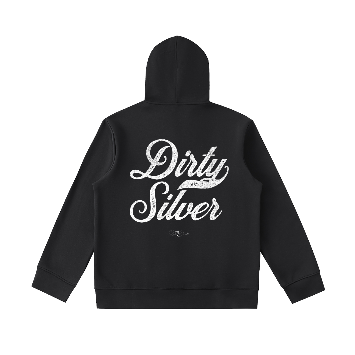 Back view of Black hoodie with bold white Milkstore vintage-style script text “Dirty Silver” across the back and a subtle RedBlonde signature logo underneath.