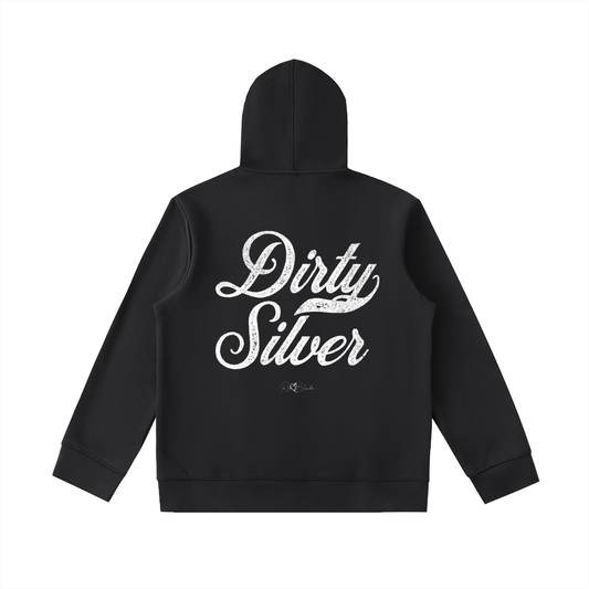 Back view of Black hoodie with bold white Milkstore vintage-style script text “Dirty Silver” across the back and a subtle RedBlonde signature logo underneath.