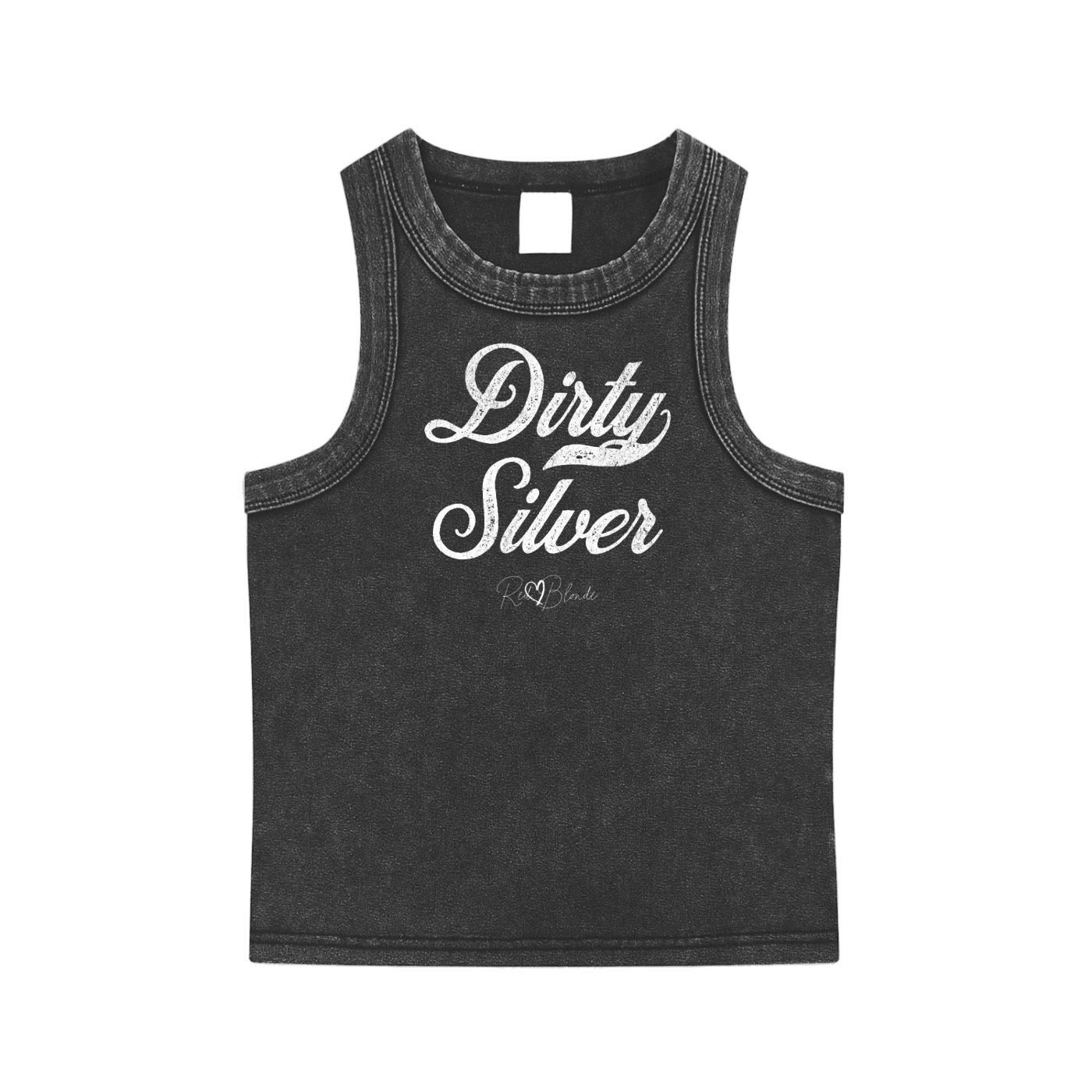 Black snow-wash tank top with raw-edge seams and the phrase ‘Dirty Silver’ printed in vintage Milkstore white font across the chest, featuring the RedBlonde logo underneath