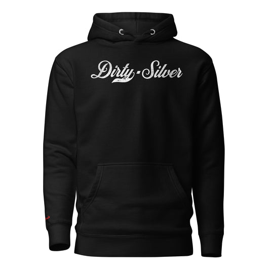 flatlay of black Classic relaxed fit premium unisex hoodie with the playful slogan ‘Dirty Silver’ in white milk-store font, signed off RedBlonde. Branded RedBlonde London in red on inside neck and right cuff