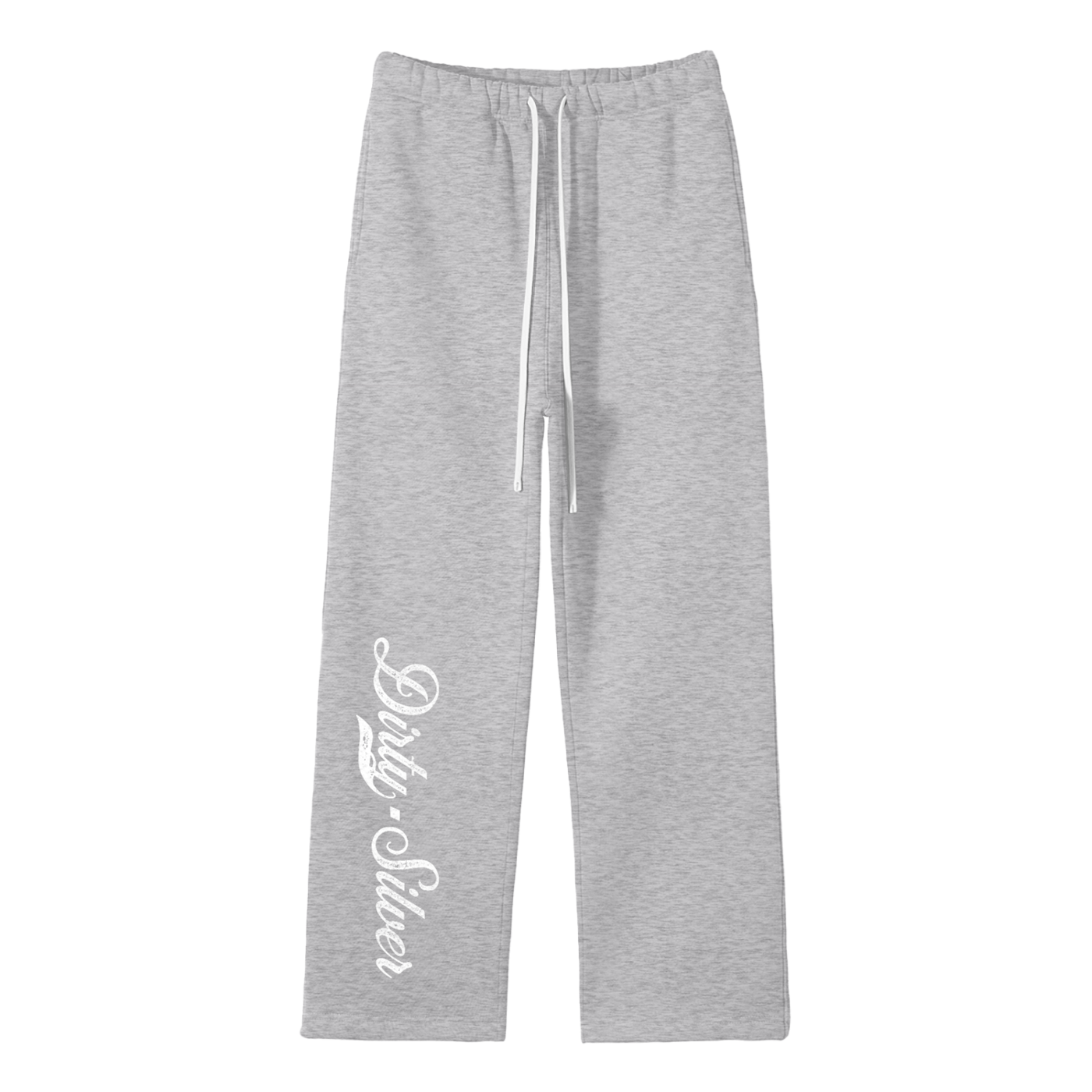 Grey relaxed-fit straight joggers with white drawstrings and vintage-style “Dirty Silver” milkstore script printed vertically down the leg — bold, effortless and unmistakably RedBlonde.
