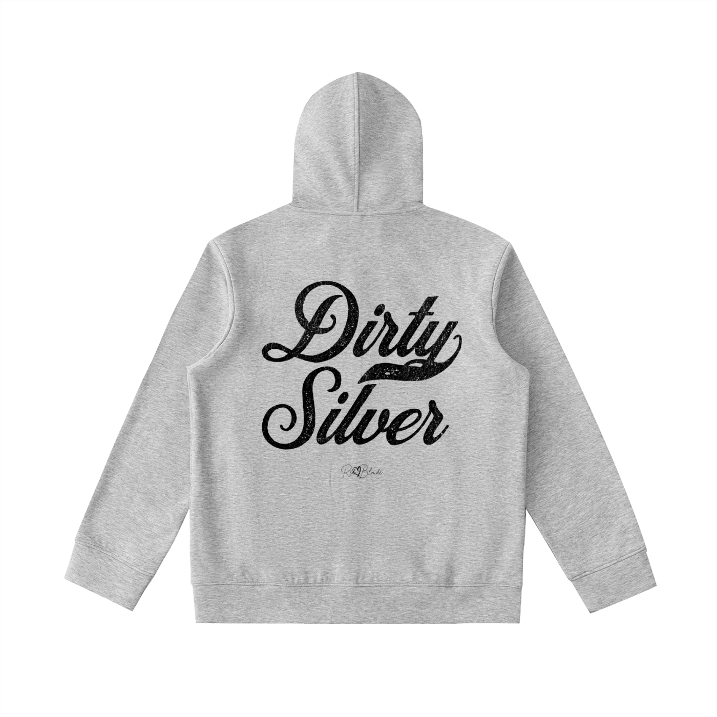 Back view of grey hoodie with bold black Milkstore vintage-style script text “Dirty Silver” across the back and a subtle RedBlonde signature logo underneath.