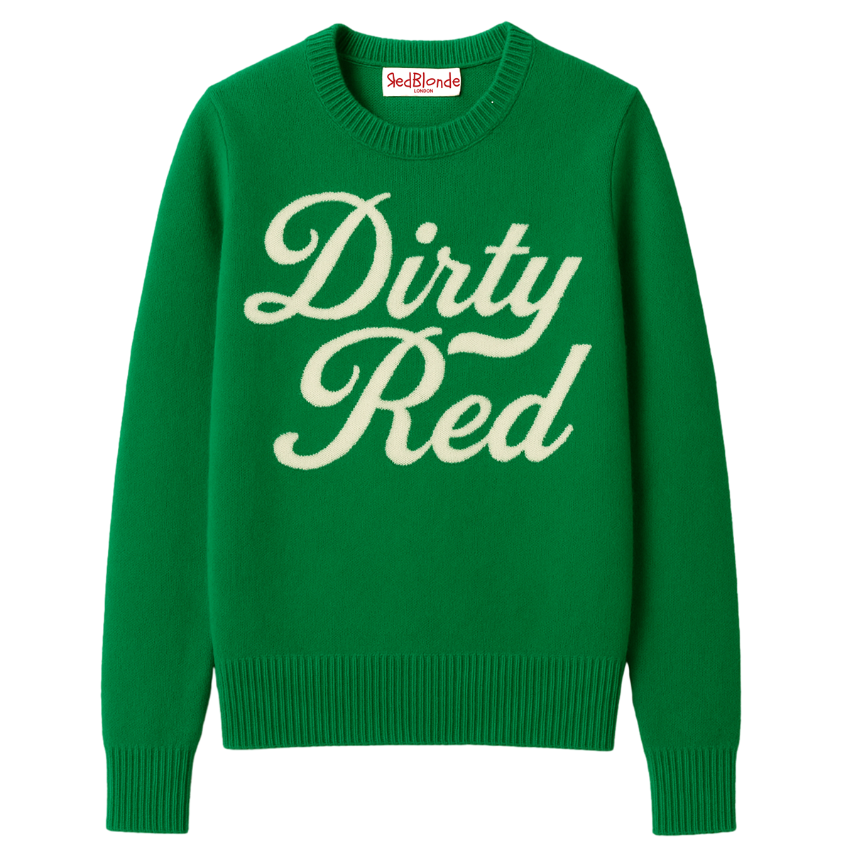 Emerald Green cashmere jumper with ‘Dirty Red’ knitted across the chest in white milkstore retro font