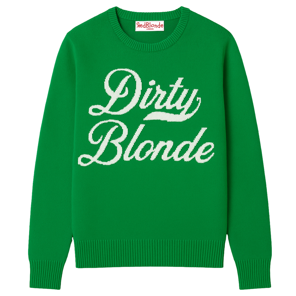 Emerald Green cashmere jumper with ‘Dirty Blonde’ knitted across the chest in white milkstore retro font
