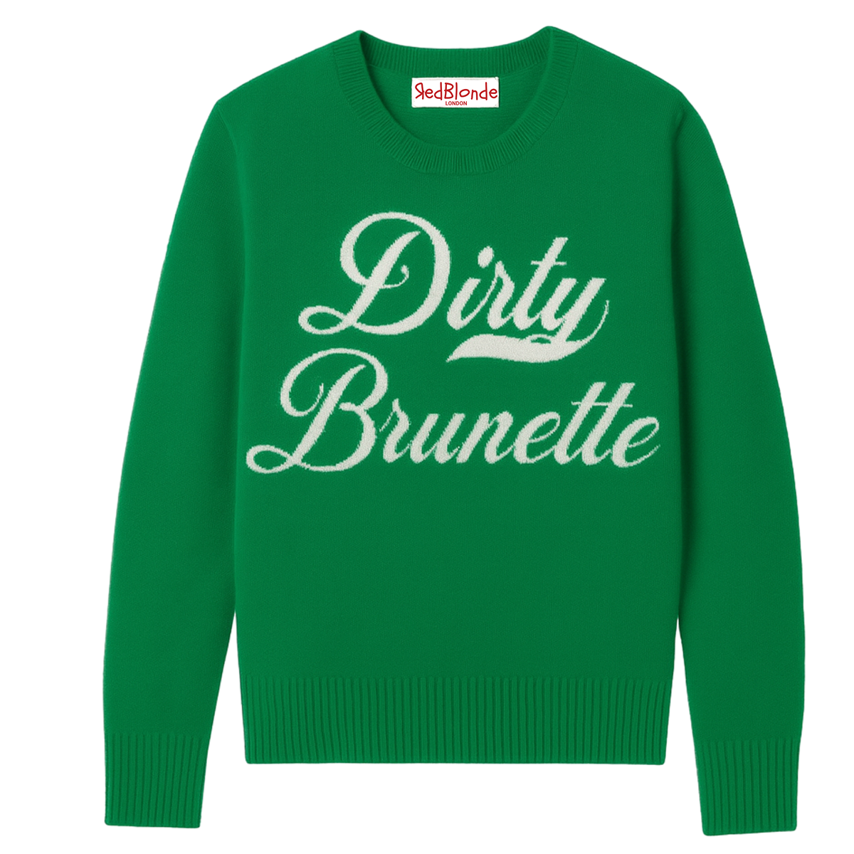 Emerald Green cashmere jumper with ‘Dirty Brunette’ knitted across the chest in white milkstore retro font