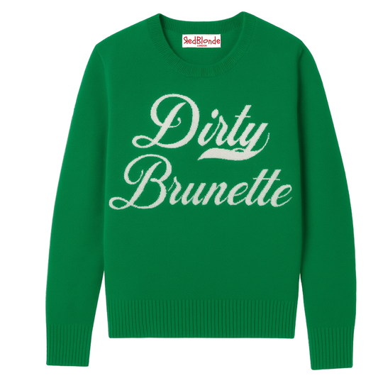 Emerald Green cashmere jumper with ‘Dirty Brunette’ knitted across the chest in white milkstore retro font