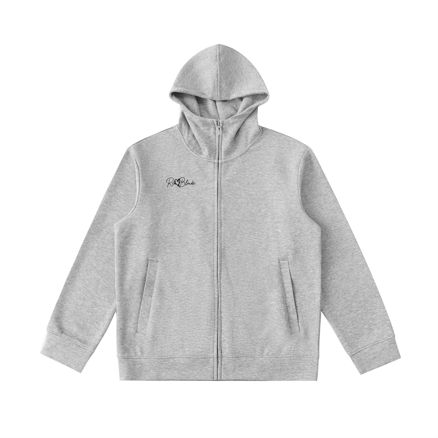 Front view of grey coloured hoodie with a subtle RedBlonde signature logo in black on top right chest 