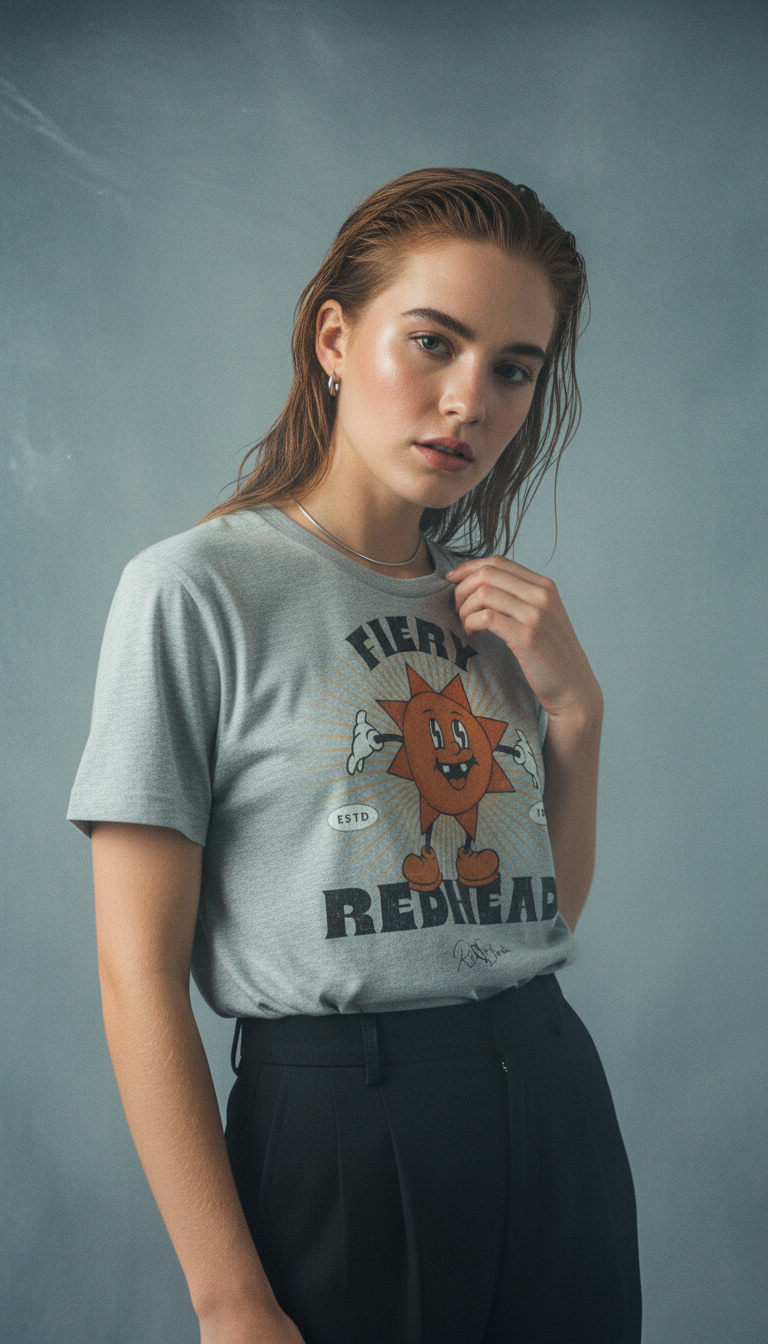 redhead wears a grey unisex crew neck t-shirt with a bold retro graphic of a smiling orange cartoon sun character, surrounded by radiant sunbeams. The text reads ‘Fiery Redhead’ in distressed black Belzebuth lettering with small details including ‘ESTD 1994’ and the RedBlonde signature logo beneath."