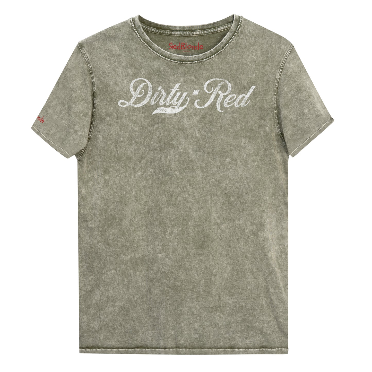 Flatlay of a army green unisex loose-fit denim wash t-shirt with vintage Coca-Cola-inspired milkstore script in white reading ‘Dirty Red’ on the front. Branded RedBlonde on the inside neck and right shoulder in red