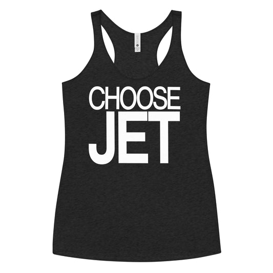 Flatlay of a black racerback tank top with “Choose Jet” in white Helvetica Now font emblazoned on the front. Branded RedBlonde on back