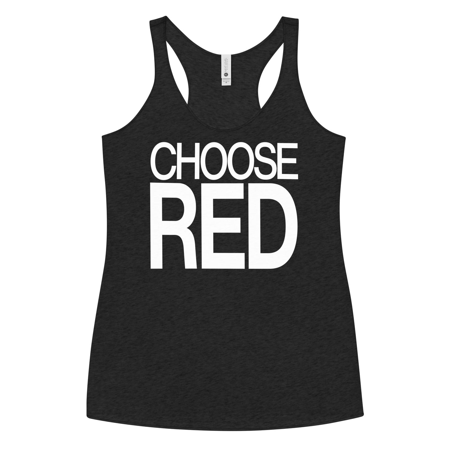 Flatlay of a black racerback tank top with “Choose Red” in white Helvetica Now font emblazoned on the front. Branded RedBlonde on back