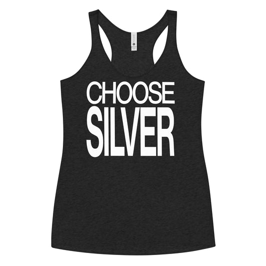 Flatlay of a black racerback tank top with “Choose Silver” in white Helvetica Now font emblazoned on the front. Branded RedBlonde on back