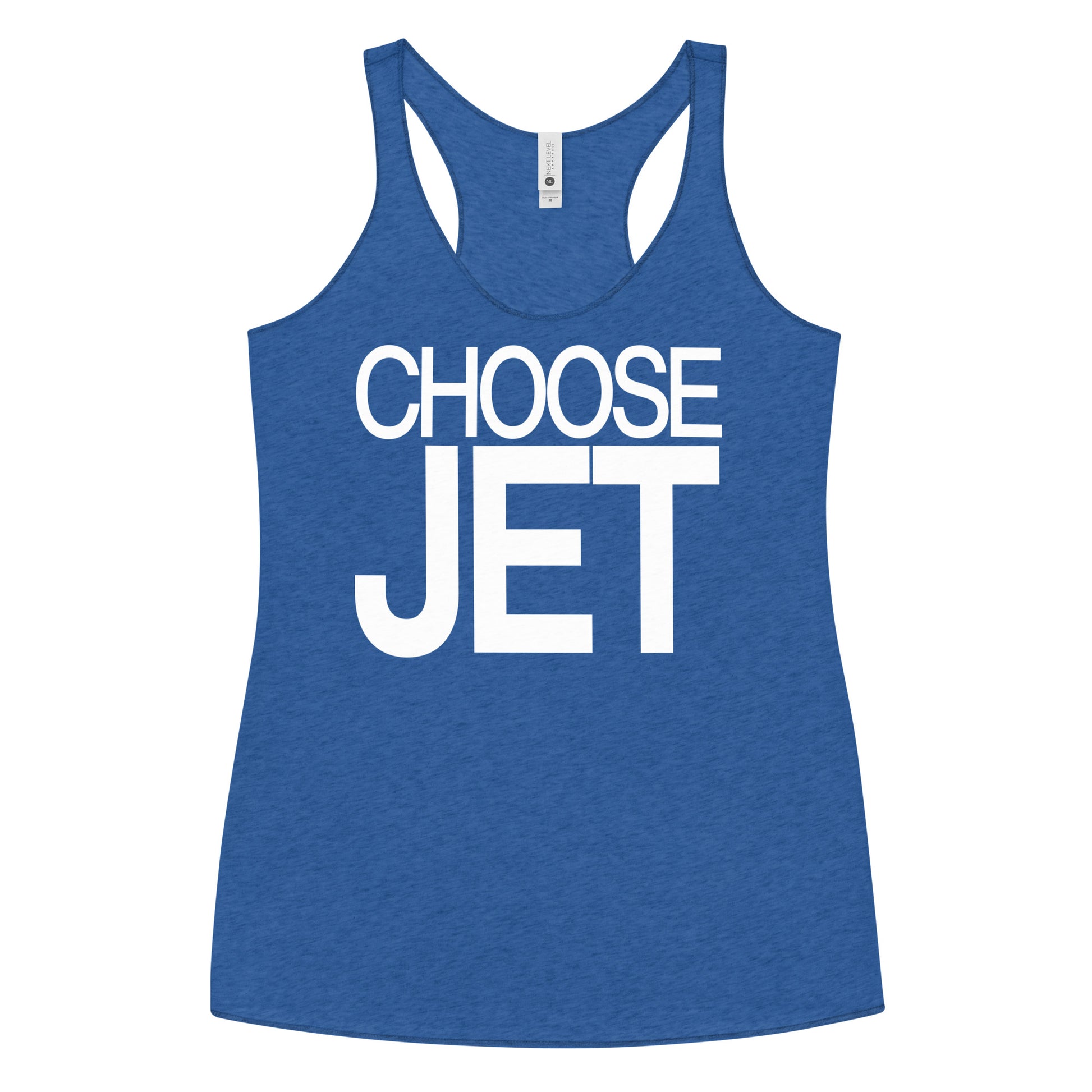 Flatlay of a blue racerback tank top with “Choose Jet” in white Helvetica Now font emblazoned on the front. Branded RedBlonde on back