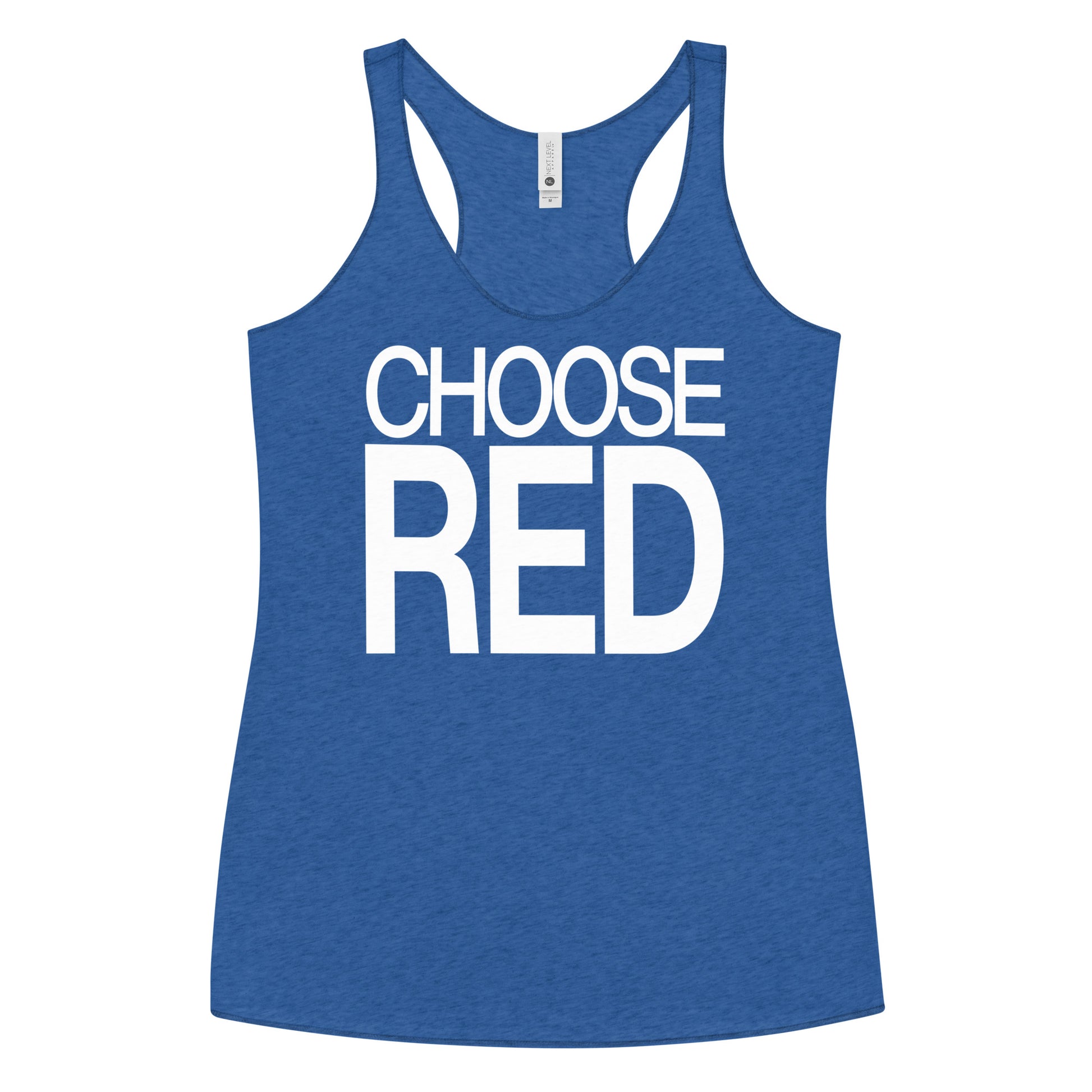 Flatlay of a blue racerback tank top with “Choose Red” in white Helvetica Now font emblazoned on the front. Branded RedBlonde on back