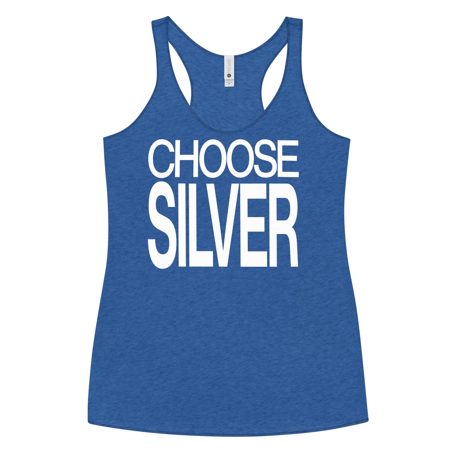 Flatlay of a blue racerback tank top with “Choose Silver” in white Helvetica Now font emblazoned on the front. Branded RedBlonde on back