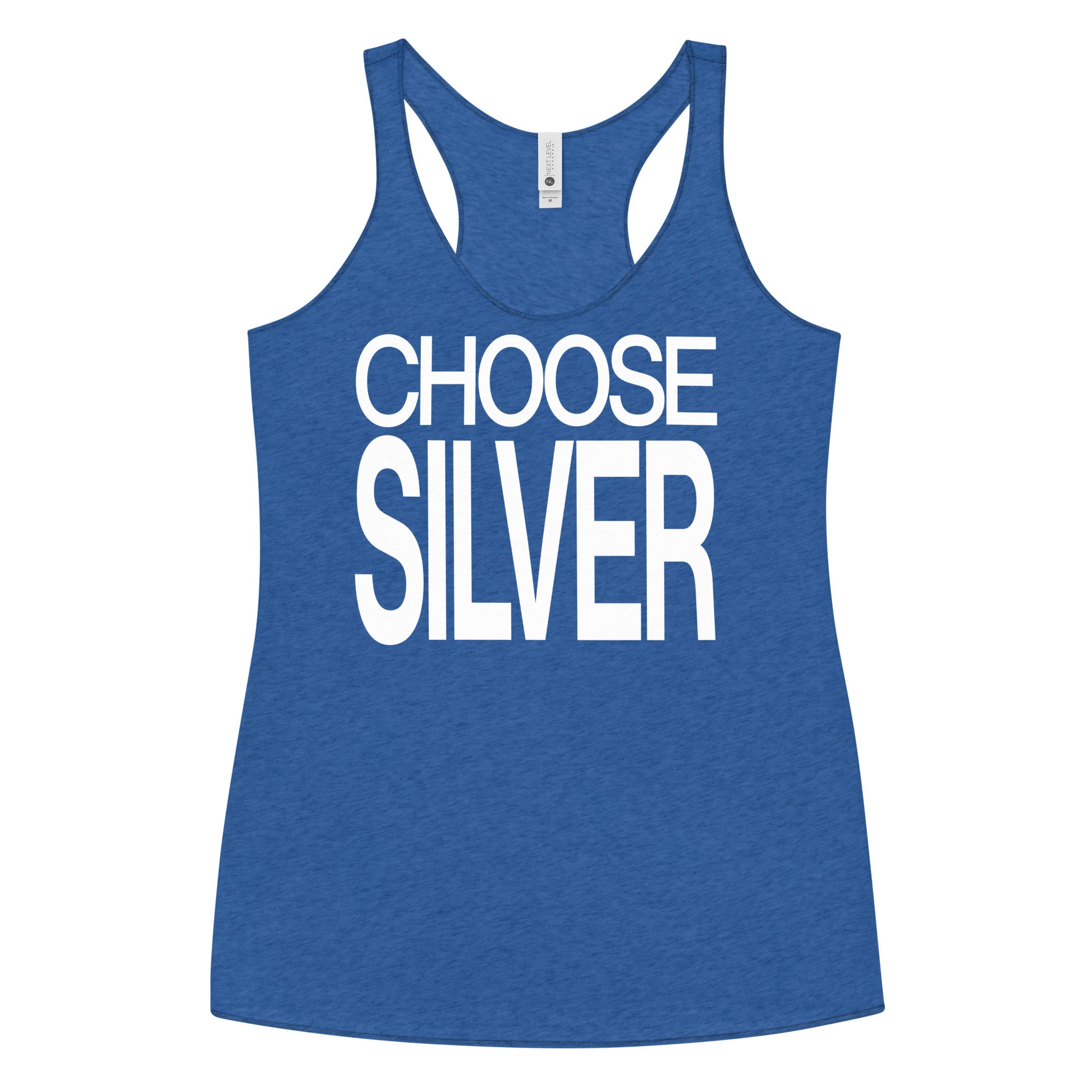 Flatlay of a blue racerback tank top with “Choose Silver” in white Helvetica Now font emblazoned on the front. Branded RedBlonde on back