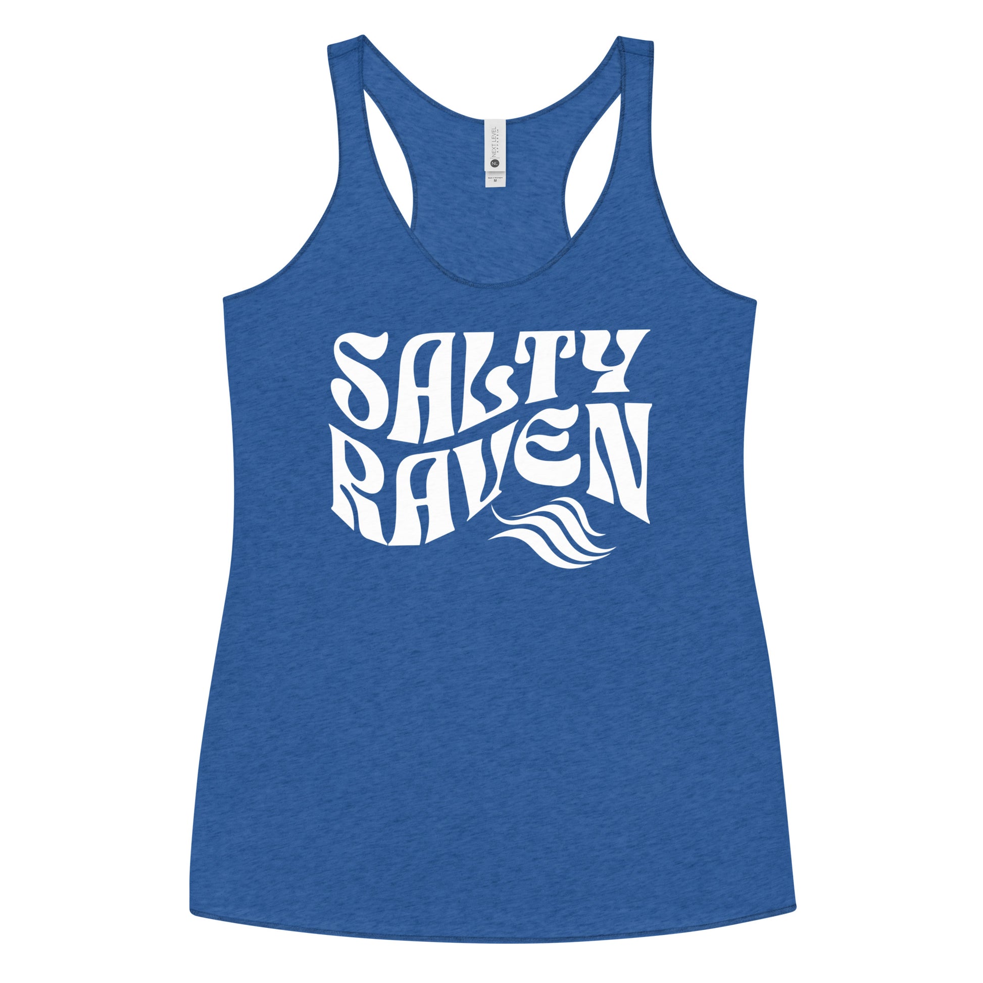 Flatlay of a blue soft racerback tank t-shirt with 'Salty Raven' play on words slogan in white retro wavy 70s font.  Branded RedBlonde London on reverse