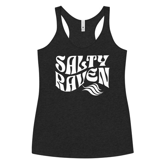 Flatlay of a heather black soft racerback tank t-shirt with 'Salty Raven' play on words slogan in white retro wavy 70s font.  Branded RedBlonde London on reverse
